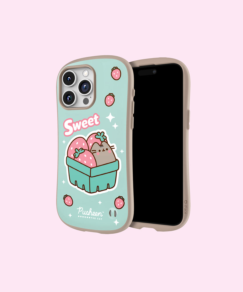 Back view of the mint green strawberry-themed iPhone 15 Pro Max phone case. Pusheen the Cat sits in a strawberry container with pink strawberries and white sparkles sprinkled around the background. 