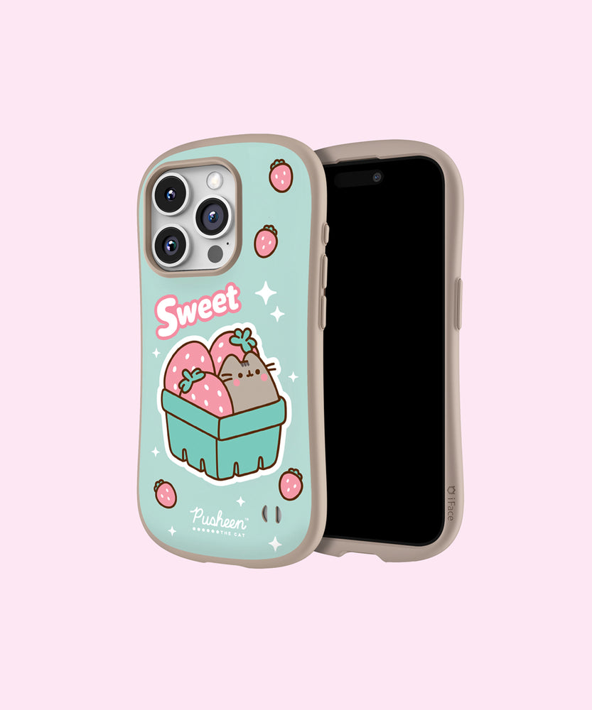 Back view of the mint green strawberry-themed iPhone 15 Pro phone case. Pusheen the Cat sits in a strawberry container with pink strawberries and white sparkles sprinkled around the background.