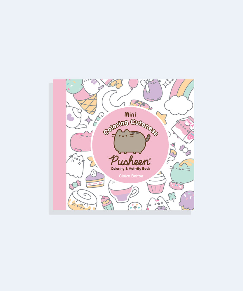 Front cover of the Mini Coloring Cuteness: A Pusheen Coloring & Activity book with pastel designs on a light pink background.