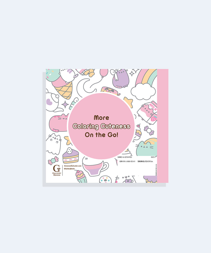 Back cover of the Mini Coloring Cuteness: A Pusheen Coloring & Activity Book. The white-colored background has a pattern of pastel graphics of Pusheen climbing an ice cream cone, Pusheen as a ghost, Pusheen as a strawberry milk carton, a teapot, candy, and more. The book has a light pink spine. Print on the bottom of the cover is the publisher, a UPC code, and pricing information.