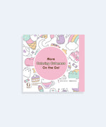 Back cover of the Mini Coloring Cuteness: A Pusheen Coloring & Activity Book. The white-colored background has a pattern of pastel graphics of Pusheen climbing an ice cream cone, Pusheen as a ghost, Pusheen as a strawberry milk carton, a teapot, candy, and more. The book has a light pink spine. Print on the bottom of the cover is the publisher, a UPC code, and pricing information.