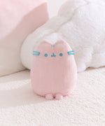 Pink plush toy with blue accents on a soft white background.
