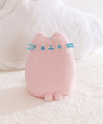 Pink plush toy with blue accents on a white background.