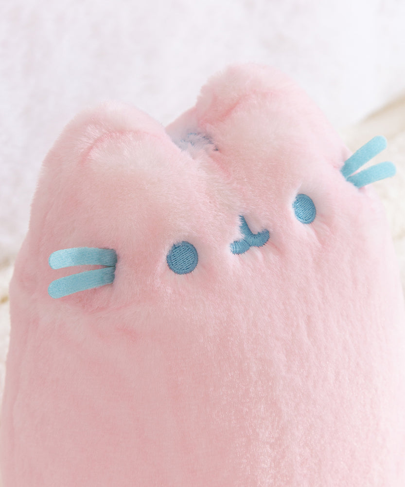 Close-up of a pink plush toy with blue accents on a light background.