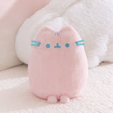 Front view of the Pink Dreamsheen Plush. Pusheen the Cat's embroidered three head stripes, eyes, mouth, and 3D whiskers are a light blue color. 