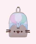 Full front view of the Pusheen backpack. Pusheen's brown whiskers are 3D and extend off the sides of the backpack. 