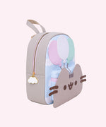 Side view of the balloons backpack showing the top gray handle that extends off the top of the pack. 