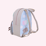 Side and back view of the backpack. The pack has gray adjustable straps with golden hardware. The back of the pack features a graphic of Pusheen the Cat floating through a cloudy sky. 