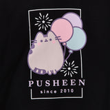 Close-up of the anniversary sweatshirt graphic. The large front graphic features a pastel gray Pusheen with the phrase "Pusheen Since 2010" below the graphic of the cat, fireworks, and balloons.