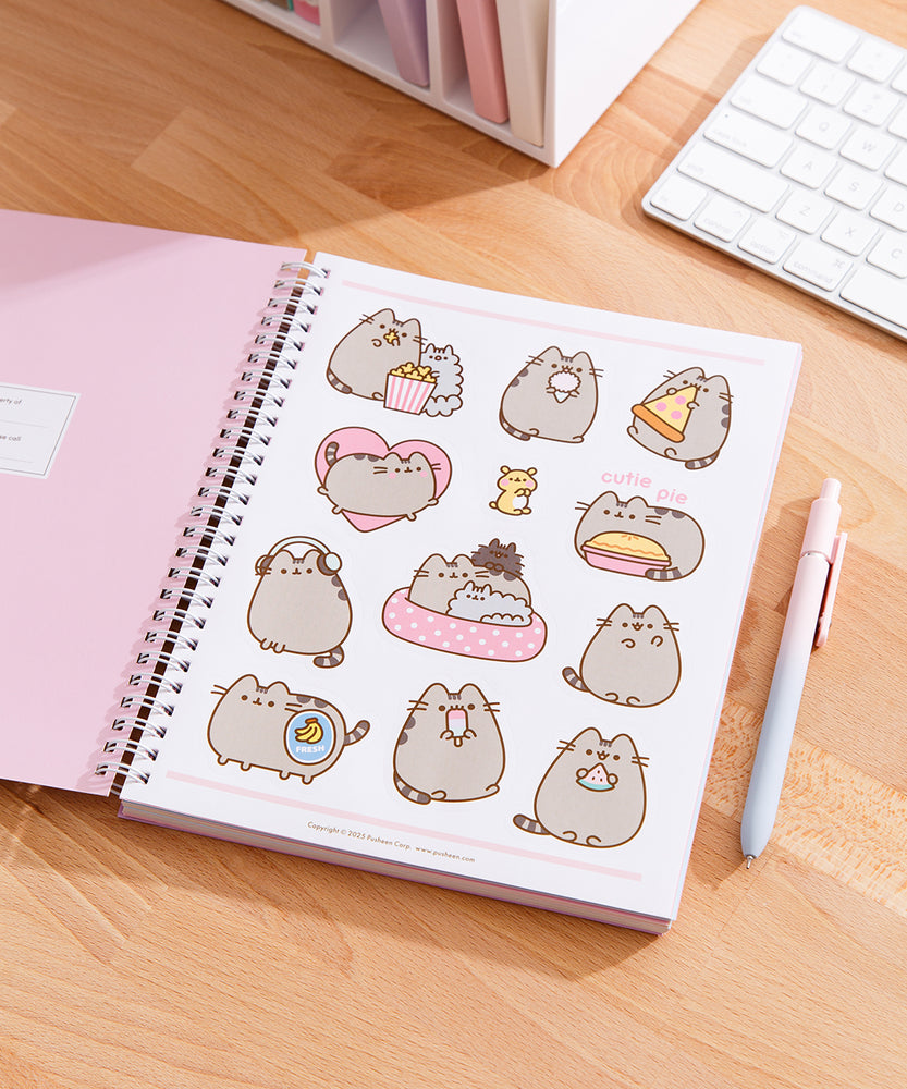 Full view of the Pusheen stickers included in the Pusheen planner. The stickers show Pusheen by herself and with her siblings and friends.