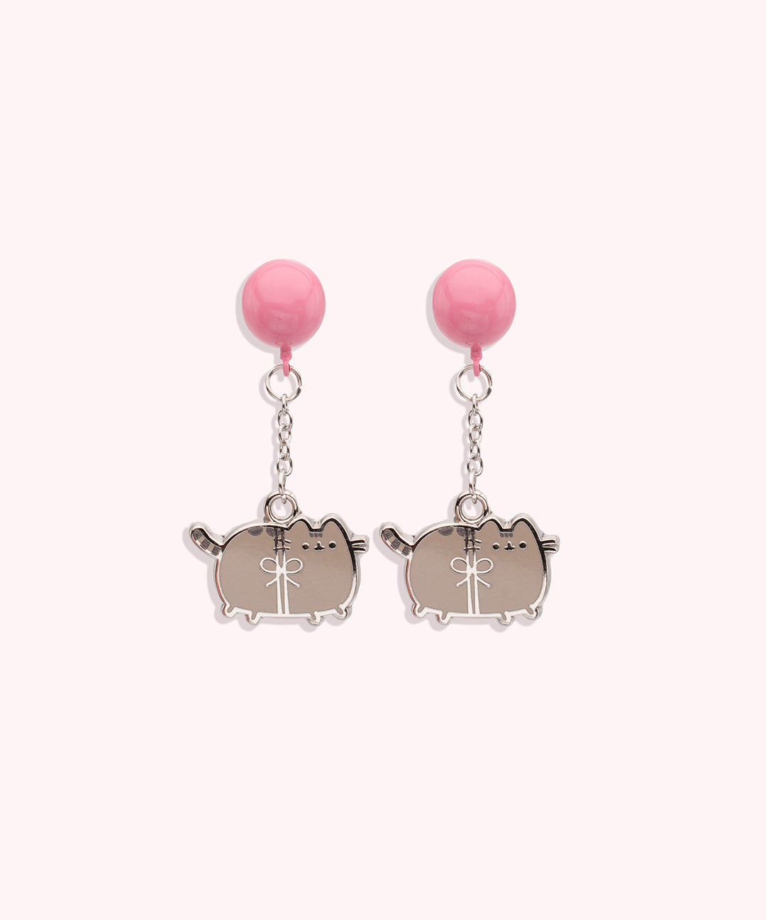 Front view of the Pusheen Balloon Dangle Earrings. The silver-outlined tabby cat is attached to and dangles from to a pink balloon that acts as the earrings post. 