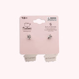 Back view of the Balloon Dangle Earrings on their backer card. The back shows the Pusheen Shop branding and SalesOne manufacturer branding. The backs of the Pusheen earrings can be seen in this view and shows Pusheen logo is shown on the back of the silver earrings.
