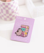Gamer Pusheen Arcade Pin tilted to show the sheen of the pin's black outline. 
