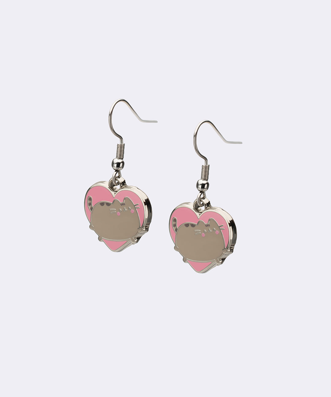 Front side view of the Pusheen Heart Earrings to show the shiny silver outline details of the dangle earrings.