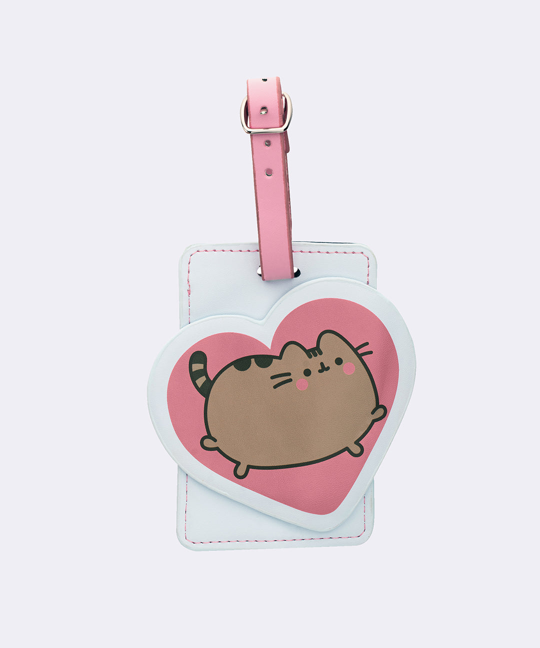 Pusheen Heart Luggage Tag features a  heart-shaped design attached to a light rectangle card carrying slot. The luggage tag has an adjustable buckle.