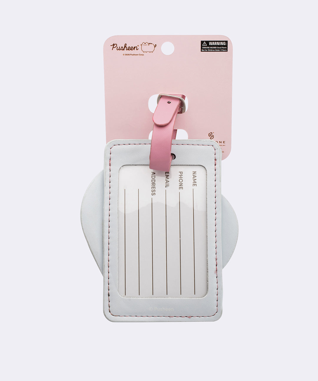 Pusheen luggage tag with a pink strap and light gray material. Included with the tag is a luggage owner information card.