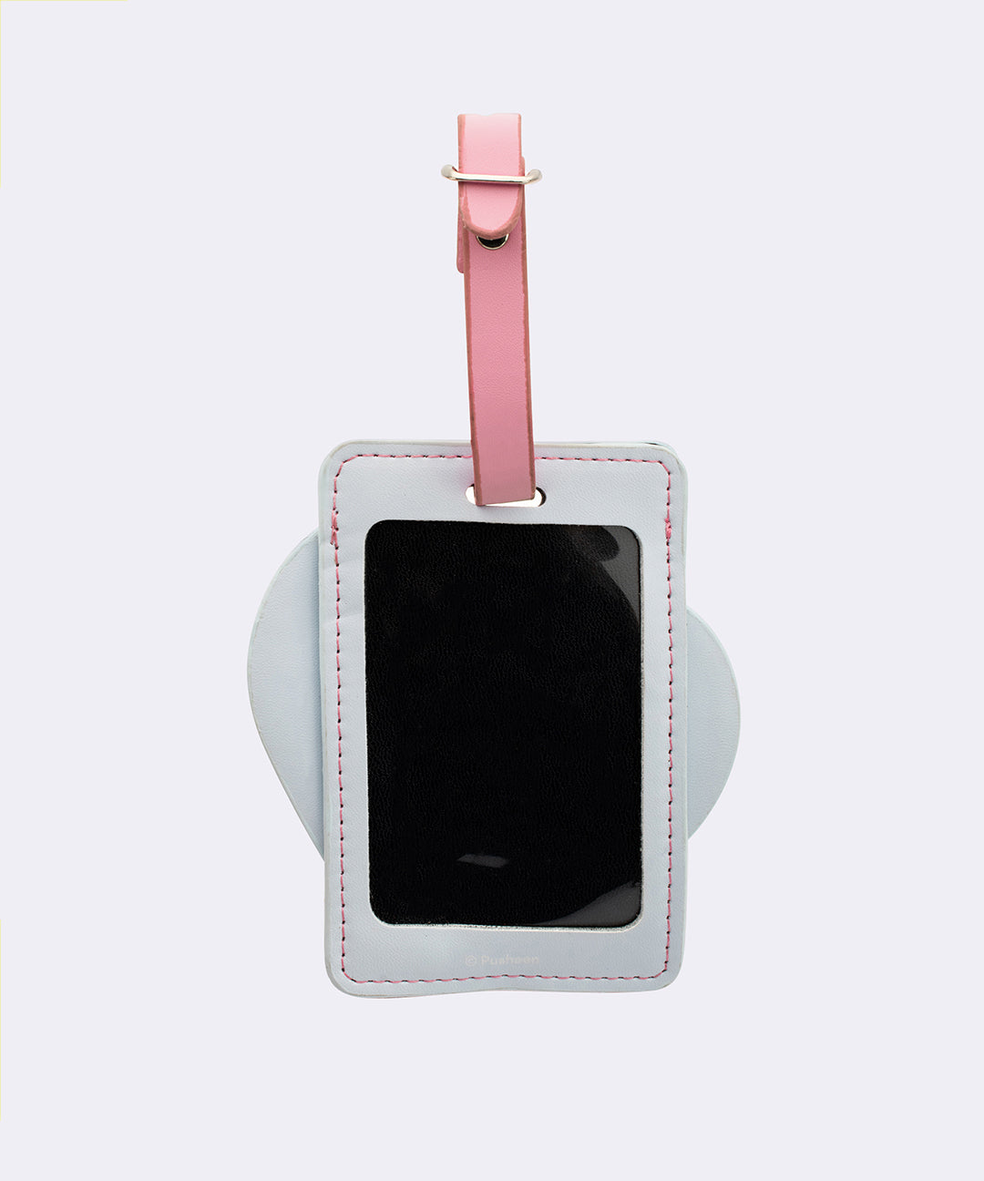 Light gray Pusheen Luggage tag features a clear window at the back to store an luggage owner information card.