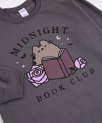 Gray sweatshirt with Midnight Book Club text and Pusheen the Cat hanging on a hanger on a white background.