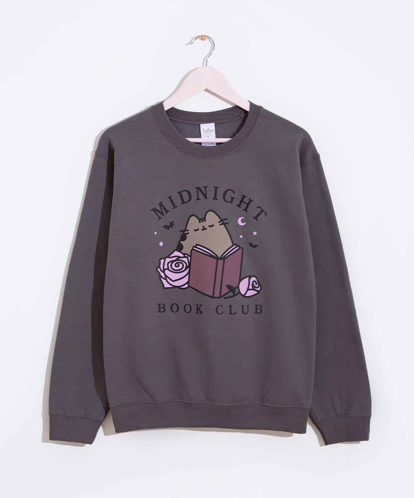 Gray sweatshirt with Midnight Book Club text and Pusheen the Cat hanging on a hanger on a white background.