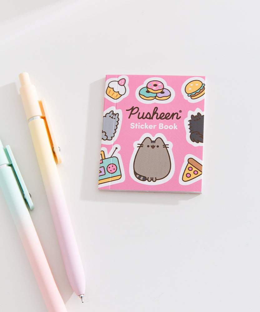 Pink Pusheen sticker book with stickers inside of Pusheen, Pip, Stormy, and more.