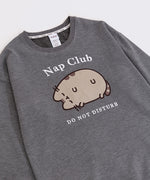 Gray sweatshirt with a sleeping grey cat. Surrounding the cat is the text "Nap Club" and "Do Not Disturb"