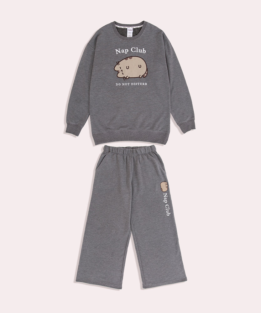 Full view of the Pusheen Loungewear Set. The sweater top and pant have cinched on the hem of the sweater and the waistband of the pants.