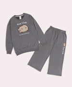 A gray sweatshirt accompanied with the matching gray wide-leg pants. The ladies sweat set has embroidered graphics of Pusheen the Cat on the sweater and pants.  
