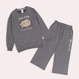 A gray sweatshirt accompanied with the matching gray wide-leg pants. The ladies sweat set has embroidered graphics of Pusheen the Cat on the sweater and pants.  