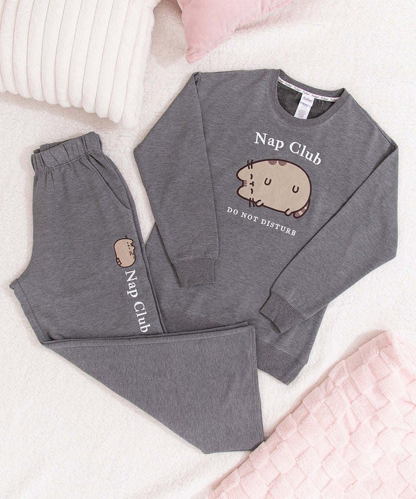 Gray loungewear set with 'Nap Club' and  "Do Not Disturb" sayings embroidered on the Sweatshirt and Sweat pant.