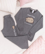 Gray loungewear set with 'Nap Club' and  "Do Not Disturb" sayings embroidered on the Sweatshirt and Sweat pant.