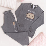 Gray loungewear set with 'Nap Club' and  "Do Not Disturb" sayings embroidered on the Sweatshirt and Sweat pant.