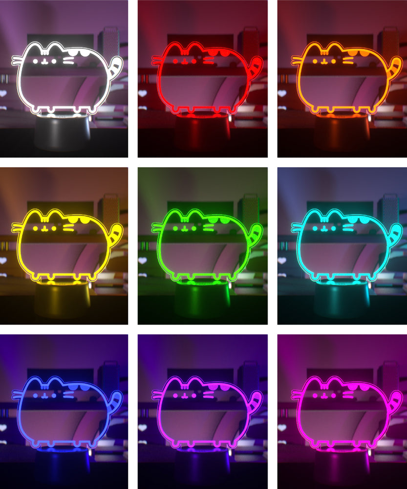 Neon light shaped like a cat in various colors on a dark background.