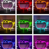 Neon light shaped like a cat in various colors on a dark background.