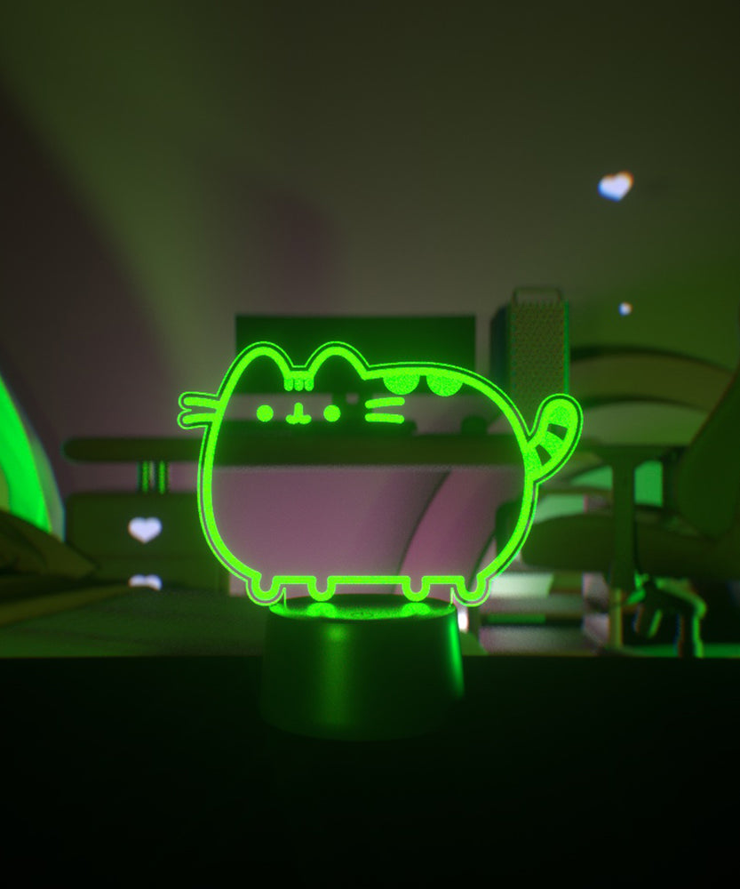 Neon green cat-shaped light on a dark background