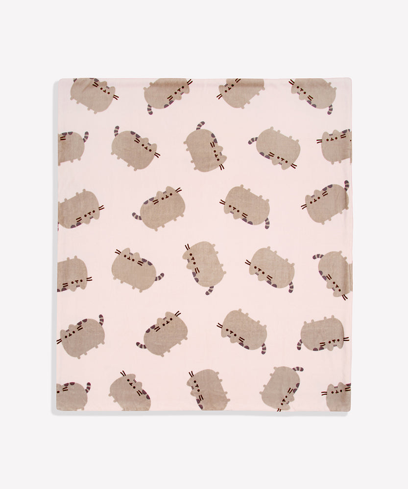 Full view of Pusheen Plush Blanket. The polyester fabric features repeating graphics of Pusheen the Cat all over the front and back of the blanket.