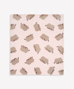 Full view of Pusheen Plush Blanket. The polyester fabric features repeating graphics of Pusheen the Cat all over the front and back of the blanket.