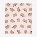 Full view of Pusheen Plush Blanket. The polyester fabric features repeating graphics of Pusheen the Cat all over the front and back of the blanket.