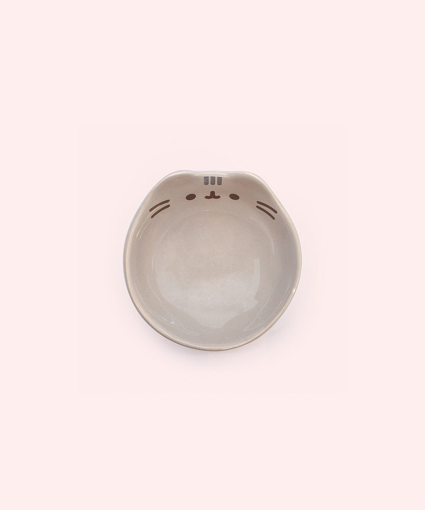 Alternate view of the front face of the Pusheen pet bowl. Pusheen the cat's face is printed on the inner side of bowl. Her three head stripes are gray while her eyes, mouth, and whiskers are brown.