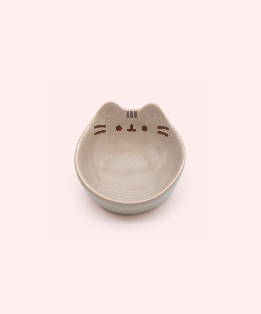 Alternate view of the front face of the Pusheen pet bowl. Pusheen the cat's face is printed on the inner side of bowl. Her three head stripes are gray while her eyes, mouth, and whiskers are brown.