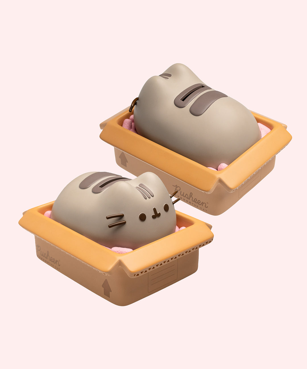 Front side and back view of the Pusheen Piggy Bank. On top of the cat is a slot that can fit dollars and coins.