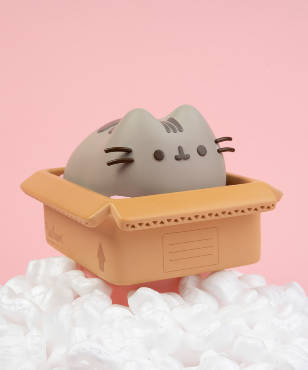 Pusheen Piggy Bank shows the tabby cat sitting in a brown packing box with pink filling. The functional money bank has 3D features including the cat's whiskers.