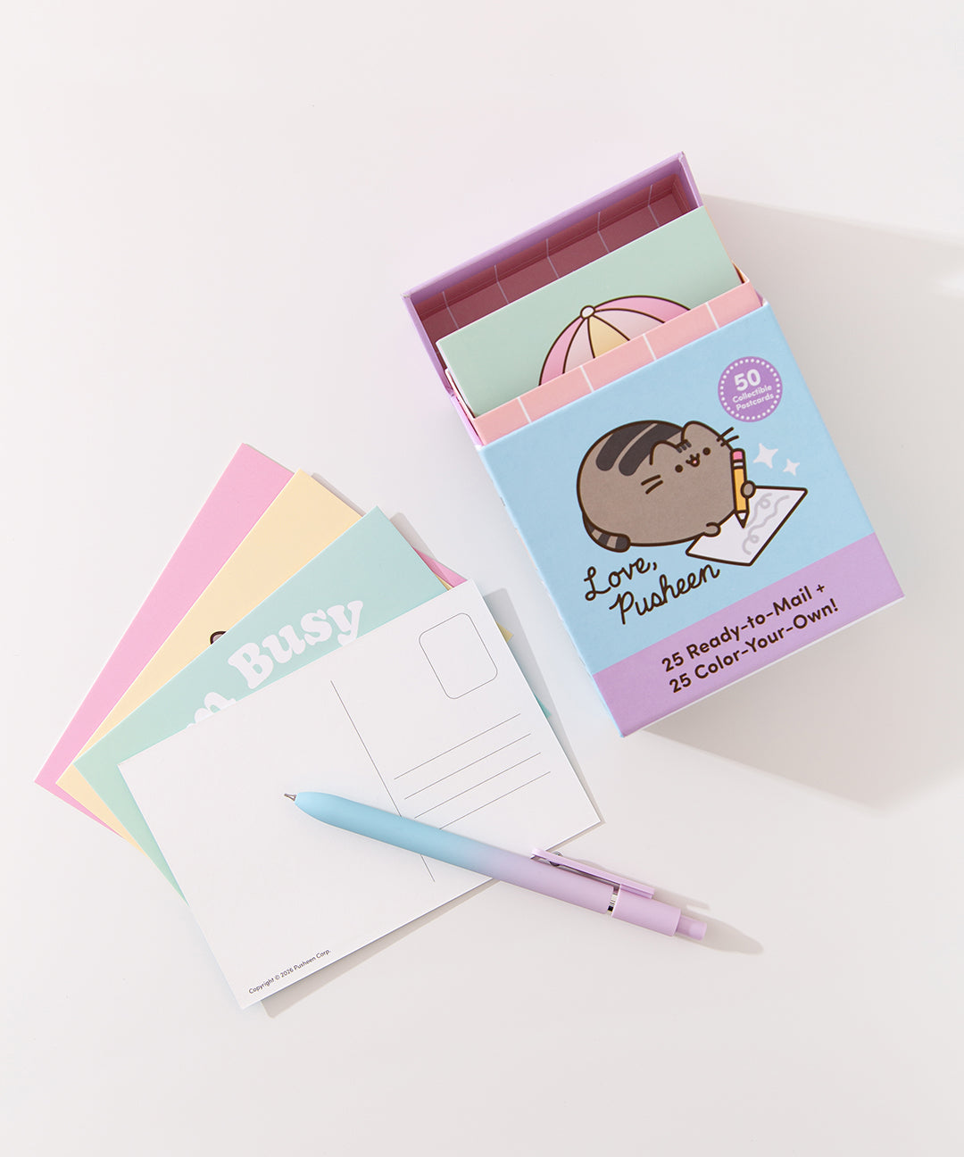Pusheen Postcard Boxed Set includes colorful postcards with one side blank for writing side.