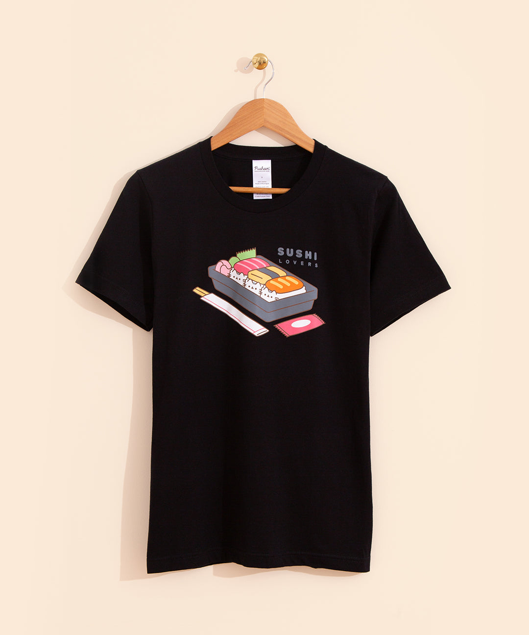Pusheen Sushi Lovers Tee is a lack t-shirt with three sushi in a takeaway container
