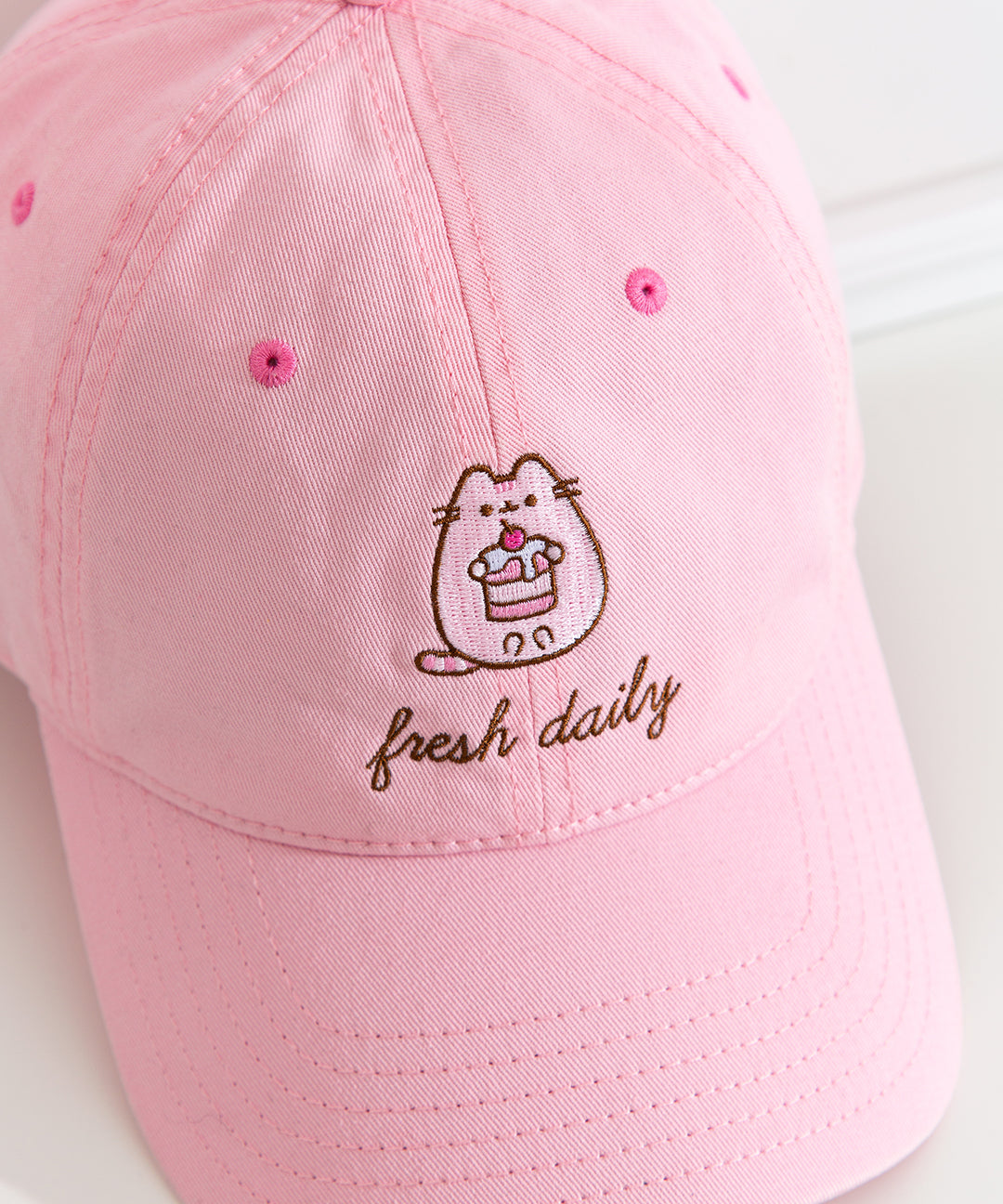Close-up view of Pusheen hat lying on a white surface. The cap curved brim points towards the bottom right corner. In the center of the forehead section is an embroidery of Pusheen holding a cherry tiered cake.