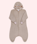 Full view of the front of the Pusheen Toe Beans Kigurumi Onesie. The onesie is a soft grey material that features Pusheen's face embroidered in grey and brown on the hood. The zipper starts at the neck and goes does to the wearer’s calves. At the ribbed cuffs are pink paw print embroidery.