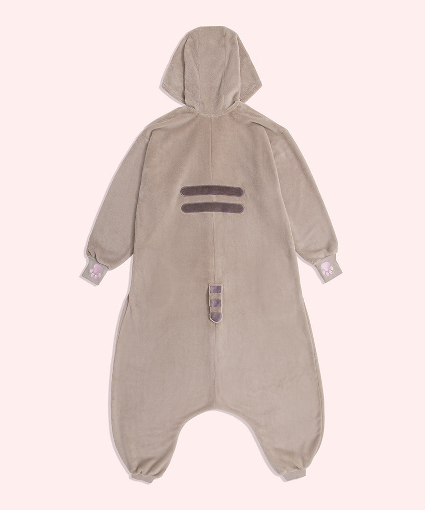 Full view of the back of the Pusheen Kigurumi Onesie. The back features two grey stripes in the center of the back, and a striped tail at the butt. 