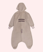 Full view of the back of the Pusheen Kigurumi Onesie. The back features two grey stripes in the center of the back, and a striped tail at the butt. 