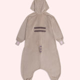 Full view of the back of the Pusheen Kigurumi Onesie. The back features two grey stripes in the center of the back, and a striped tail at the butt. 