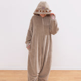 Model wearing a brown Pusheen Toe Beans Kigurumi onesie with a hood that has Pusheen the Cat's face embroidered on it and has 3D brown whiskers.