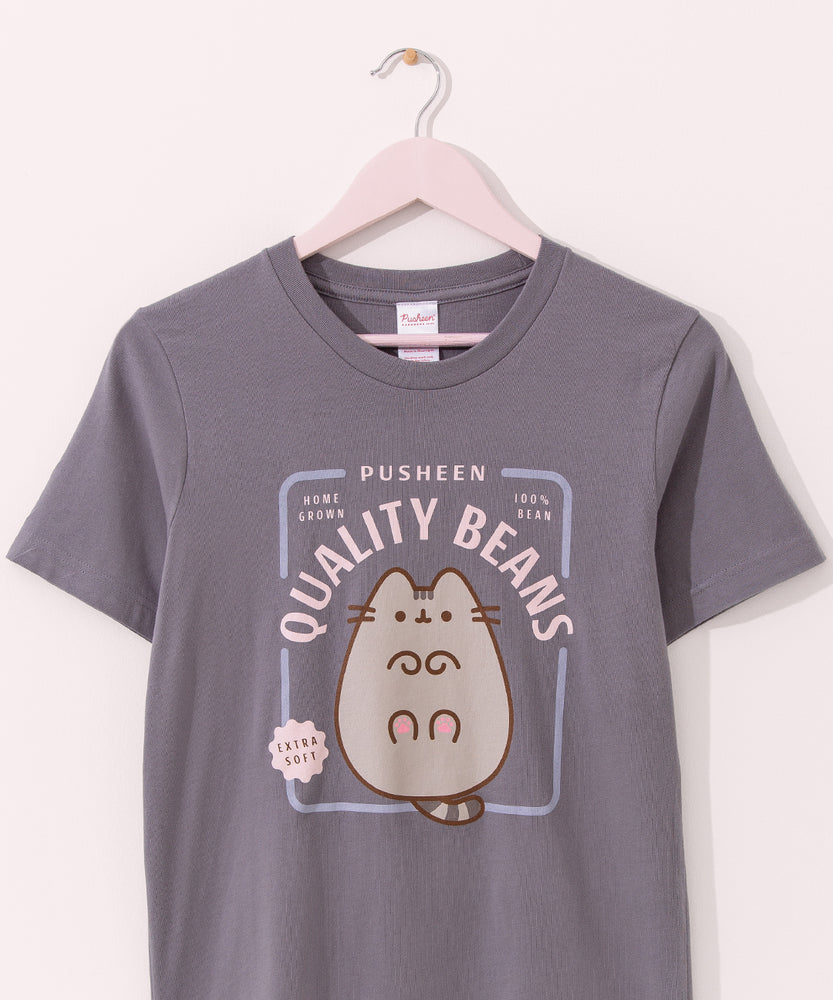 Gray t-shirt with a large graphic on the front center. The graphic shows Pusheen the Cat's quality toe beans as the graphic states.